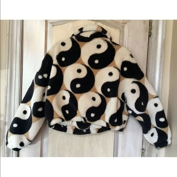 Urban Outfitters Bold Sherpa Olivia Yin Yang Jacket Ivory Tan Black - Picture 4 of 10